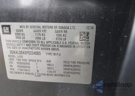 2015 GMC Terrain Slt-1 z USA, uszkodzony, nr VIN 2GKALSEK6F6234083